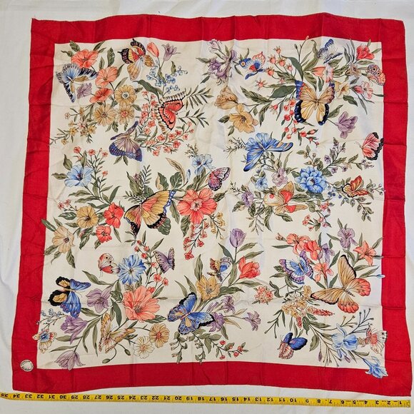 Echo Limited Edition Silk Scarf - Red Border, Butterflies & Flowers - 34" - Picture 1 of 5